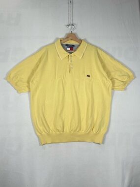 Vintage Tommy Hilfiger Yellow Cotton Short Sleeve Sweater Button Polo Golf Sz XL